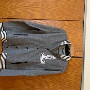 Gray Varsity Jacket with Black and White Stripes